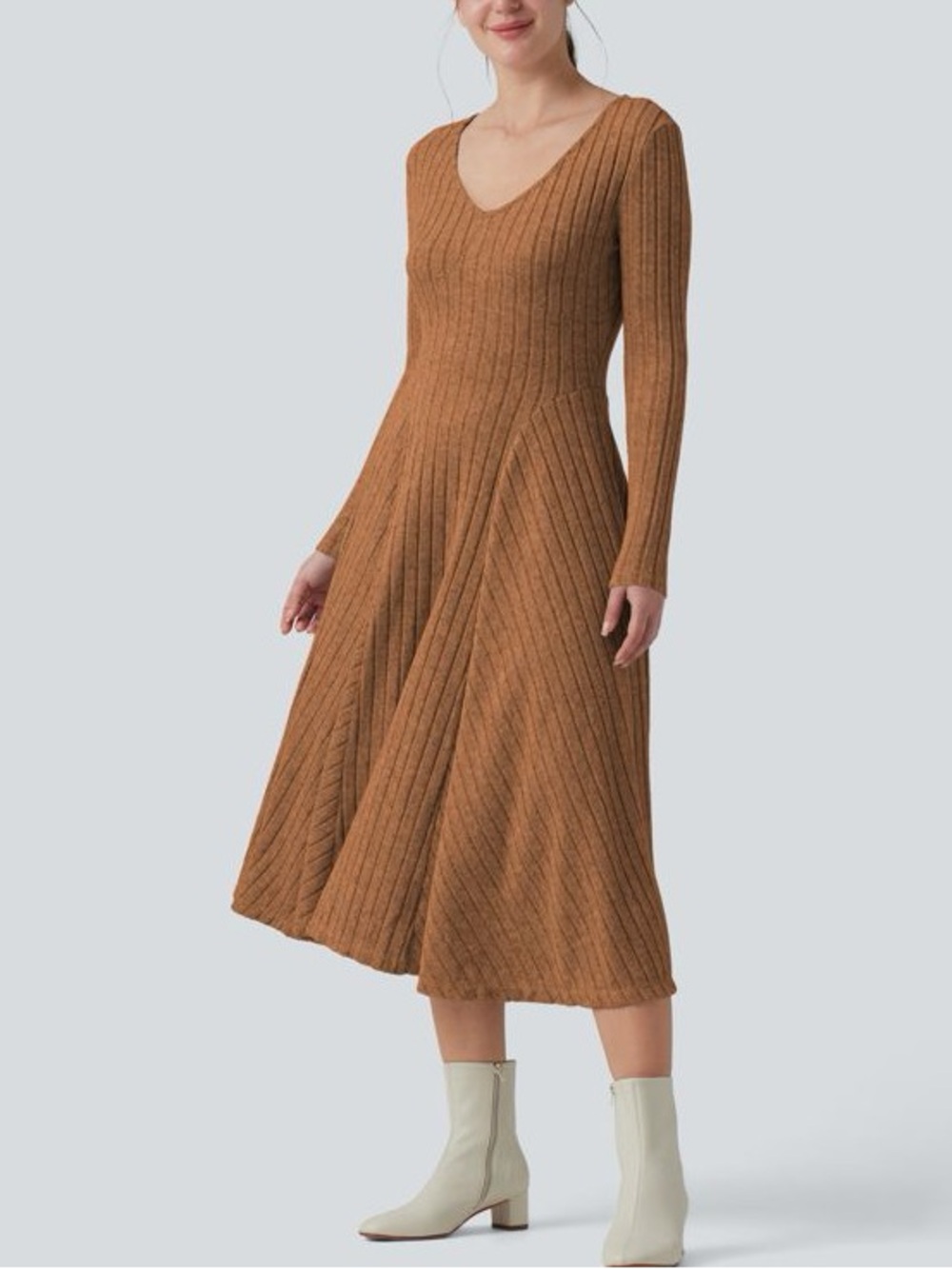 NWT Halara XL Ribbed Knit V Neck Long Sleeve Flare Midi Casual Dress